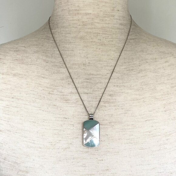 Sterling Silver 925 Dyed Mother Of Pearl MOP Geometric Inlay Pendant Necklace - Picture 2 of 16